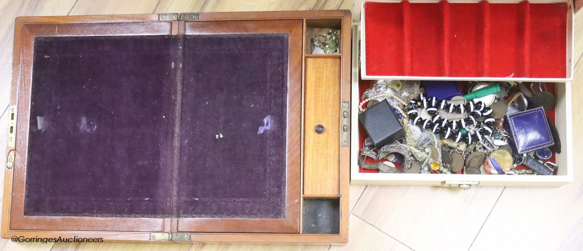 Mixed jewellery, coins, watches etc. including a banded agate necklace, a gem set sterling scimitar paper knife and a pair of white opal drop earring, together with a mahogany work box.